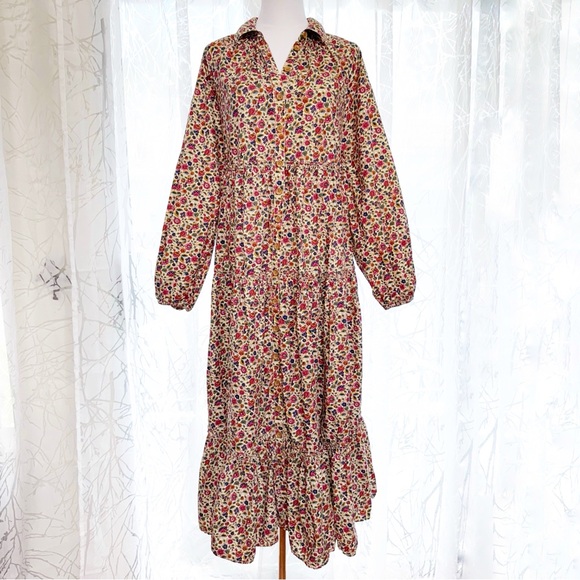byTiMo Dresses & Skirts - byTiMo cream pink floral print long sleeve button up poplin maxi dress